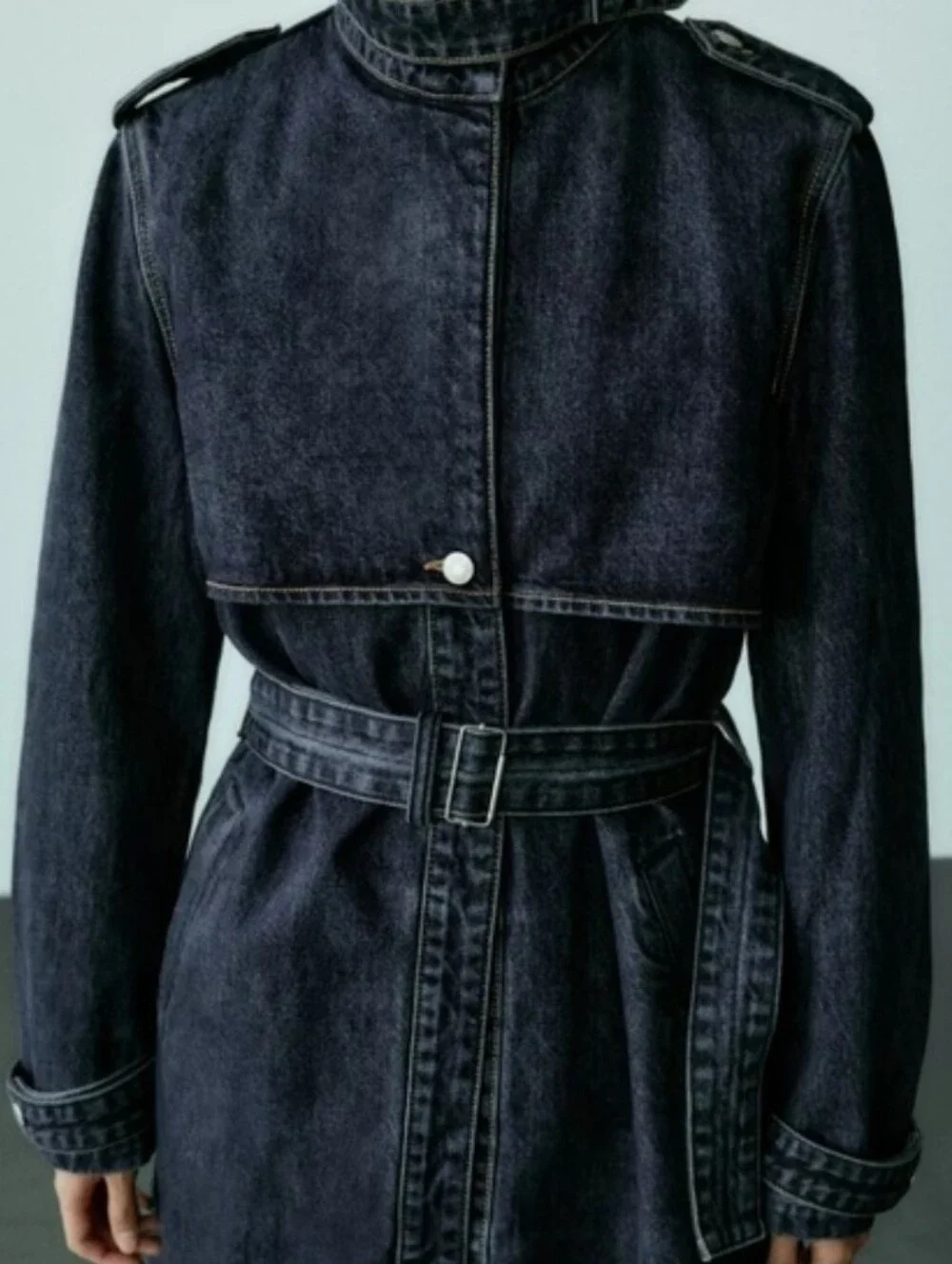 ZARA DENIM TRENCH COAT BELTED NAVY BLUE SIZE M